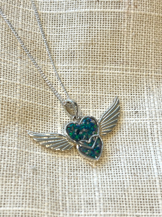 Silver Double Heart Winged Pendant